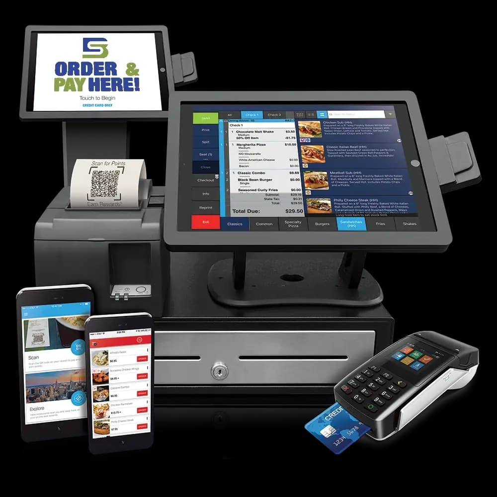 Blue Sage point of sale system with kiosk, register, card terminal and mobile ordering